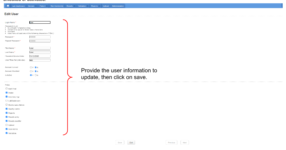 Updating Lab User's information